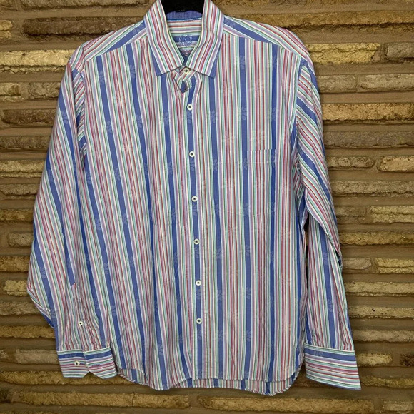 Bugatchi Uomo Striped Flip Cuff Casual Long Sleeve Shirt Size Medium - Picture 9 of 12